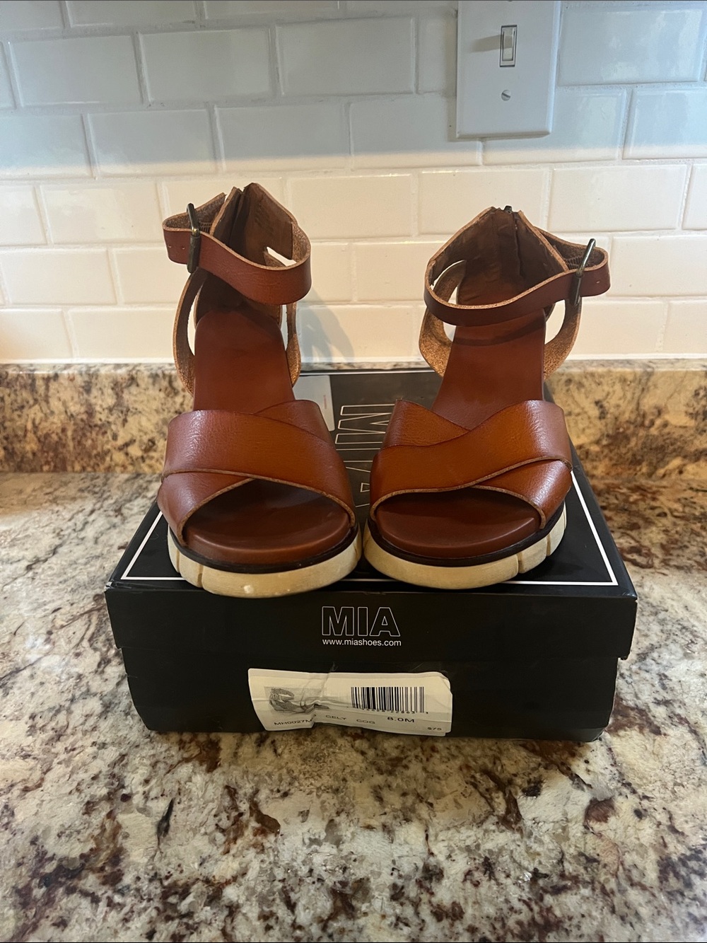 MIA Brown Leather Crisscross Ankle-Strap Wedge Sandals. Worn twice.